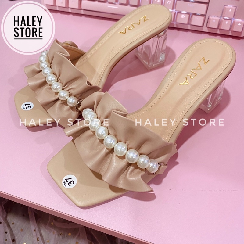 Guốc nữ 5p gót vuông trong suốt bèo nhún nhúm đính ngọc châu đi chơi đi tiệc đi du lịch HALEY STORE