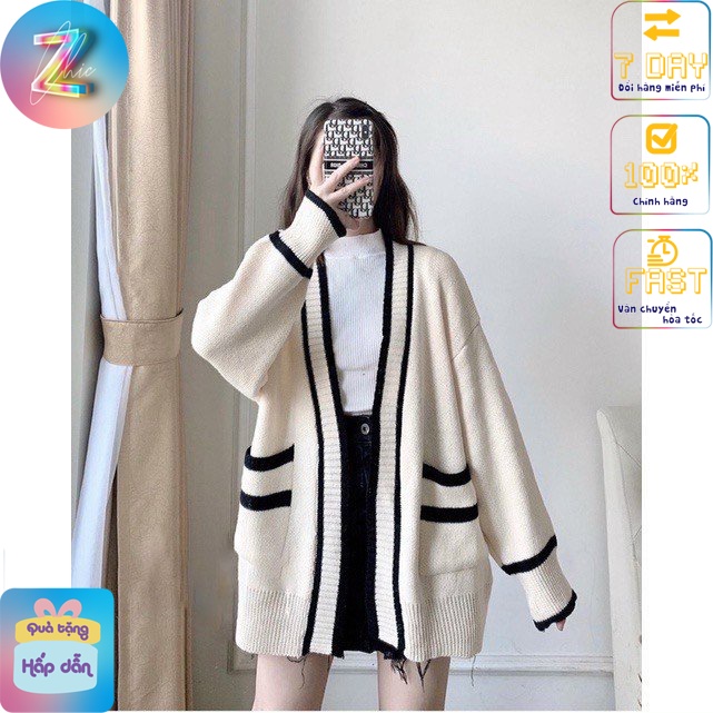 Áo Cardigan Viền Len Dáng Dài 2 Màu Đen Trắng Cho Mùa Thu Đông Nhà Chic Z