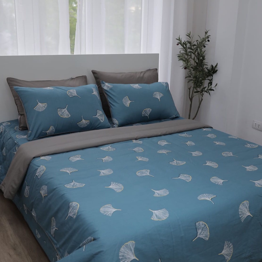 Bộ chăn ga gối cotton Hàn chuẩn đẹp 5 món kích thước 1m6x2m/1m8x2m/2mx2m2 họa tiết xanh lá cọ Homecoming