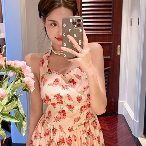 Jiashucheng Đầm Midi Hai Dây Họa Tiết Hoa Phong Cách Retro Pháp