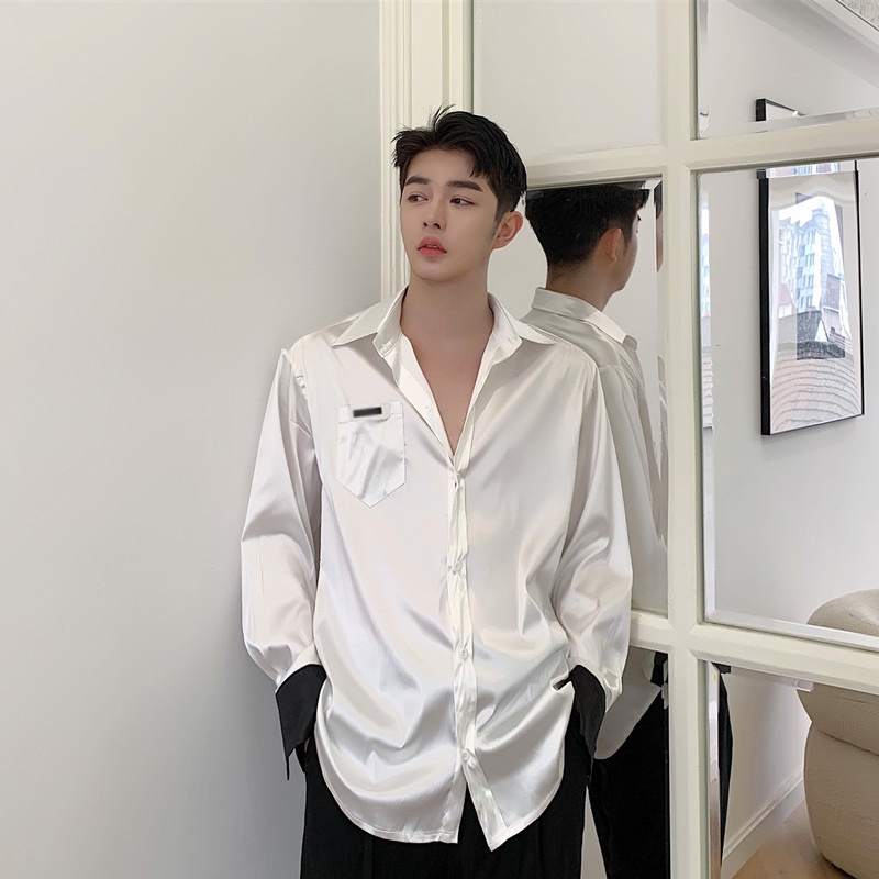 Áo Sơ Mi Lụa Satin Cao Cấp Tay Dài Màu Sắc Cà Vạt Phong Cách Hàn Quốc Cho Nam Giới
