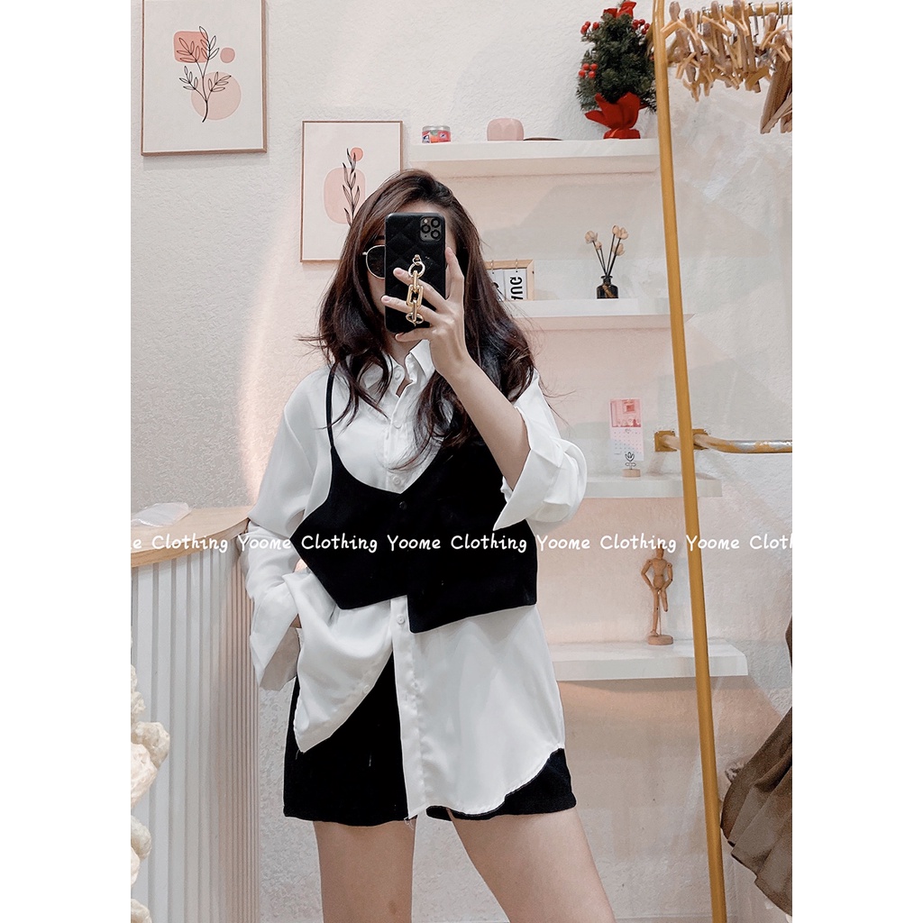 Set sơ mi kèm gile phối 2 dây chất lụa trượt không nhăn yoome clothing