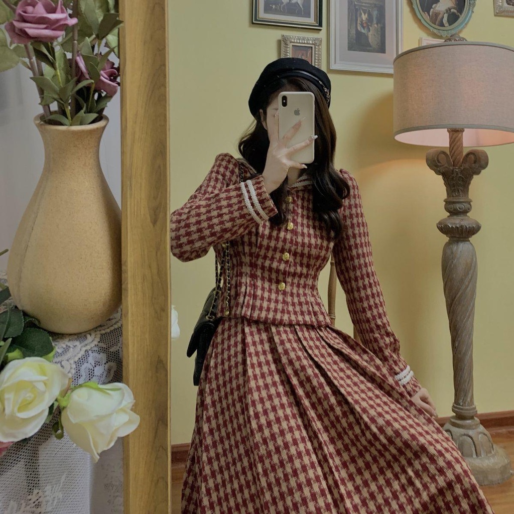 Bộ Áo Khoác + Chân Váy Xếp Ly Lưng Cao Sọc Ca Rô Thời Trang Giáng Sinh / Năm Mới Cho Nữ sm