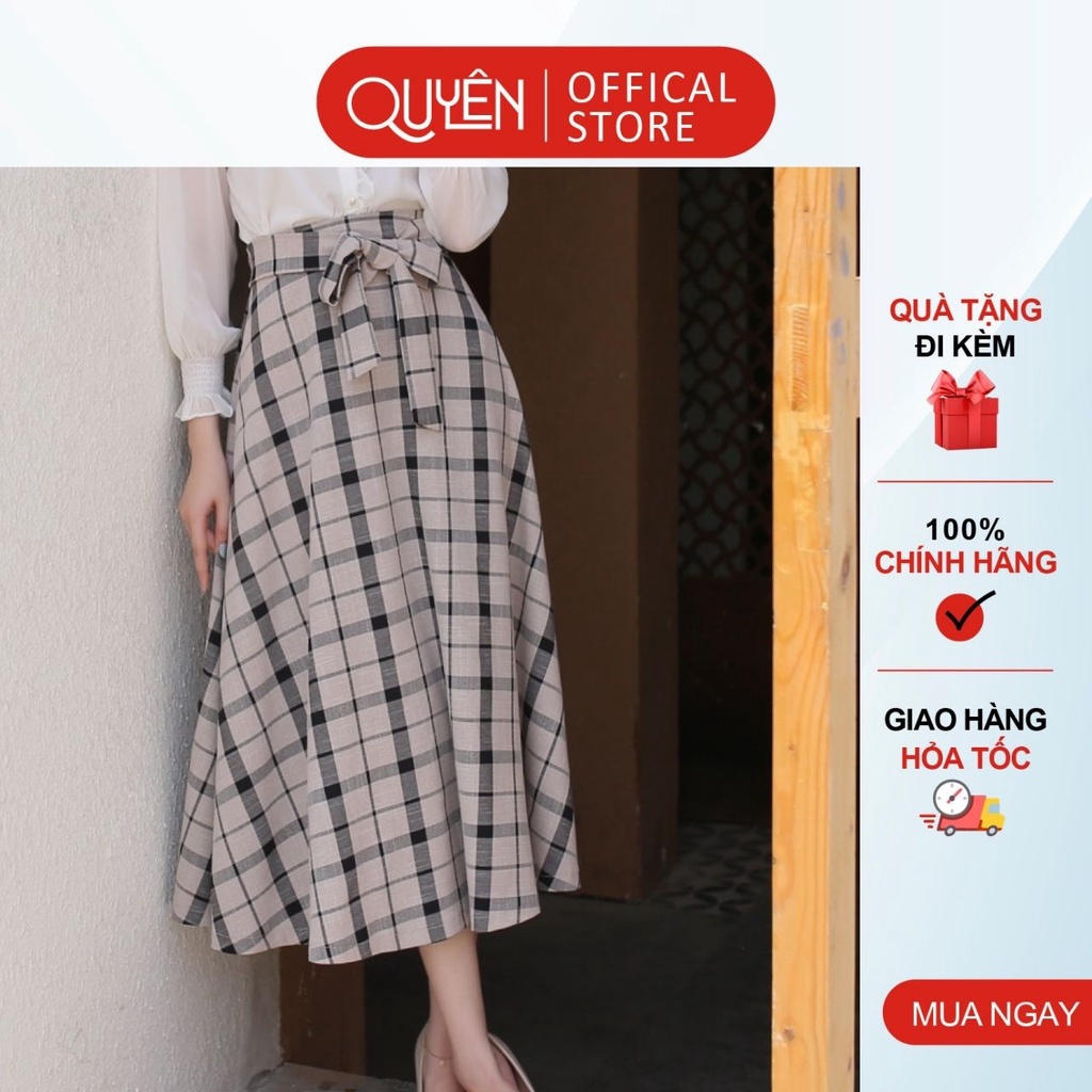 Chân váy midy kẻ thắt nơ, chun sau cạp liền, thời trang công sở nữ Quyên Fashion