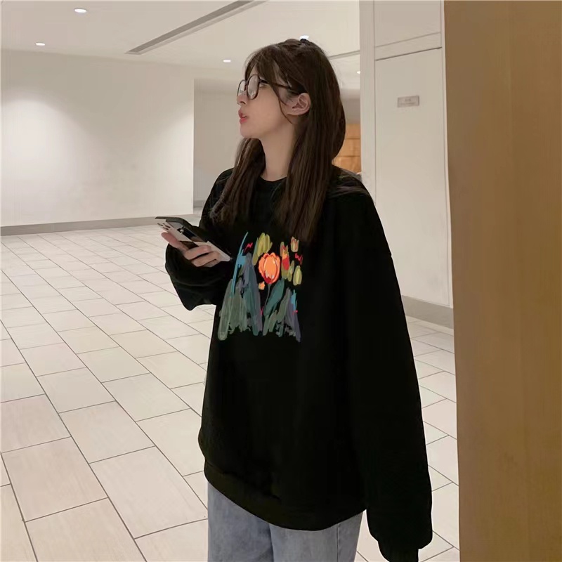 Áo sweatshirt ZHELIHANGFEI tay dài họa tiết hoa tulip phong cách đi học dễ phối đồ trẻ trung