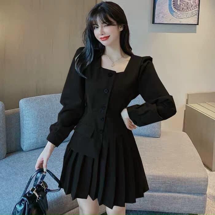 Đầm dự tiệc váy xếp ly váy công sở cổ vuông tay bồng - Đầm công sở SS017 | BigBuy360 - bigbuy360.vn