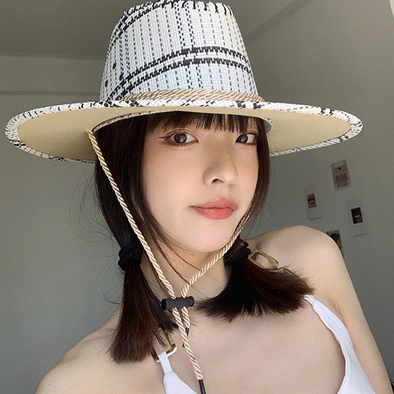 Nón Rộng Vành Họa Tiết Sọc Caro Dễ Thương Thời Trang Đi Biển Cho Nữ