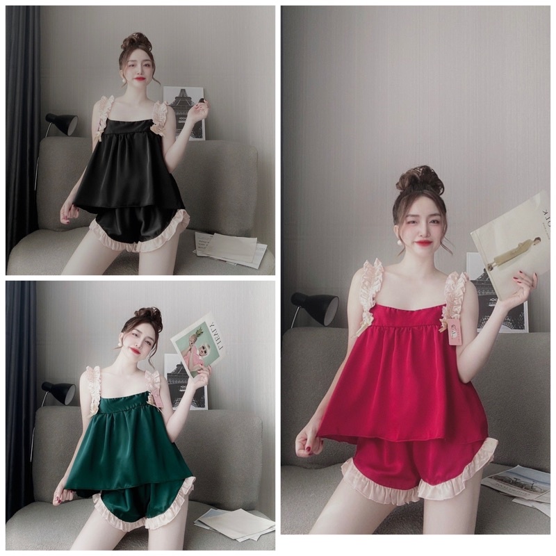 Bộ đồ ngủ 2 dây lụa viền bèo [ TNT SHOP BIGSIZE 60KG 90KG ]