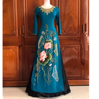 Áo dài xanh cổ vịt💥FREESHIP 💥Áo dài đính hoa sen thiết kế 2 tà