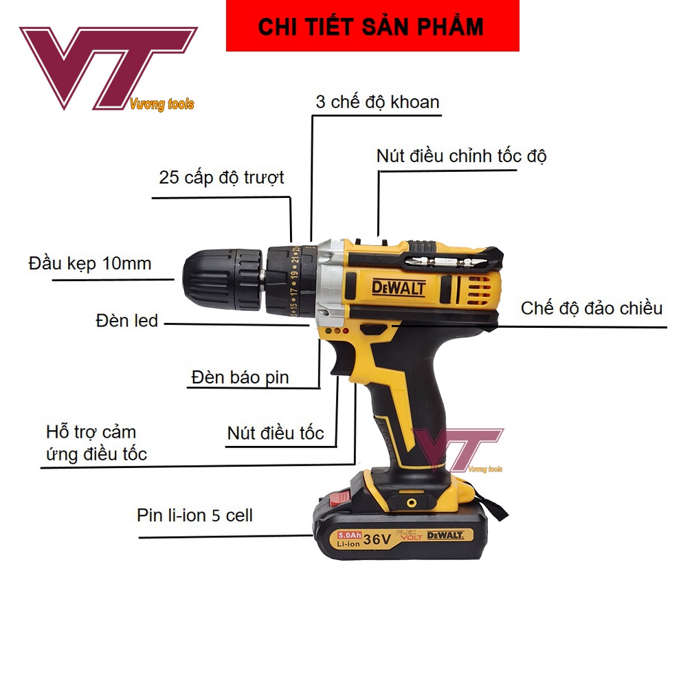 Máy khoan pin dewalt 36V đa năng, kèm bộ phụ kiện