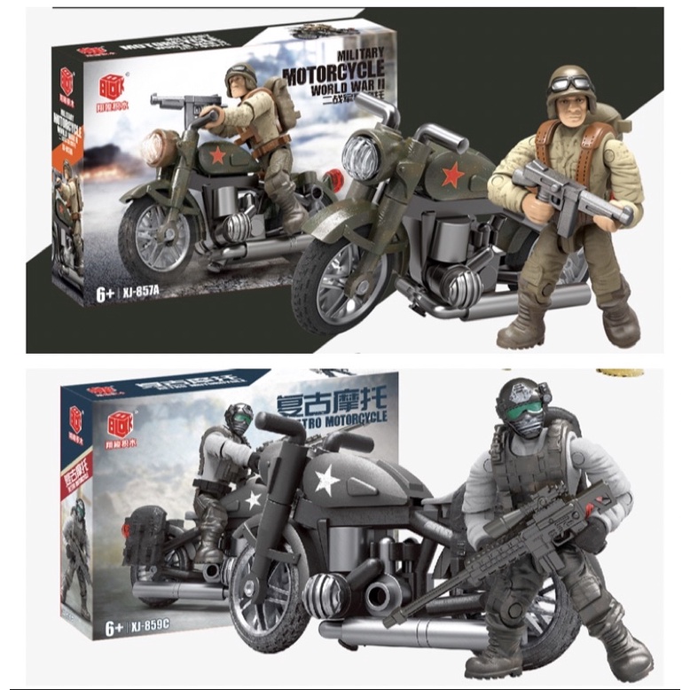 Đồ chơi mô hình lắp ráp xe Moto và lính Retro mini