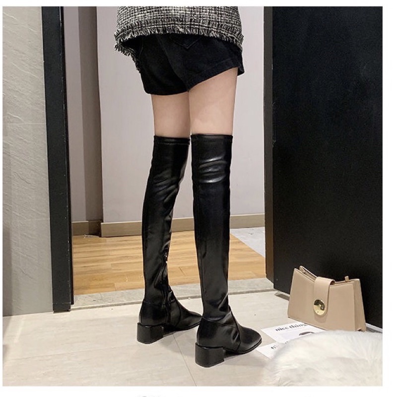 Bốt đùi nữ da lộn lót lông mũi vuông gót cao 5cm có khoá cạnh