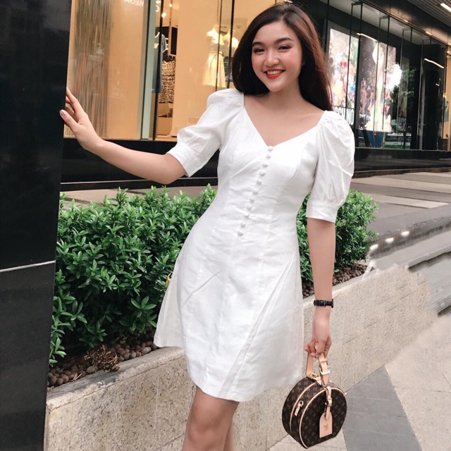 Đầm trắng tay phồng nút bọc (kèm hình thật) | BigBuy360 - bigbuy360.vn