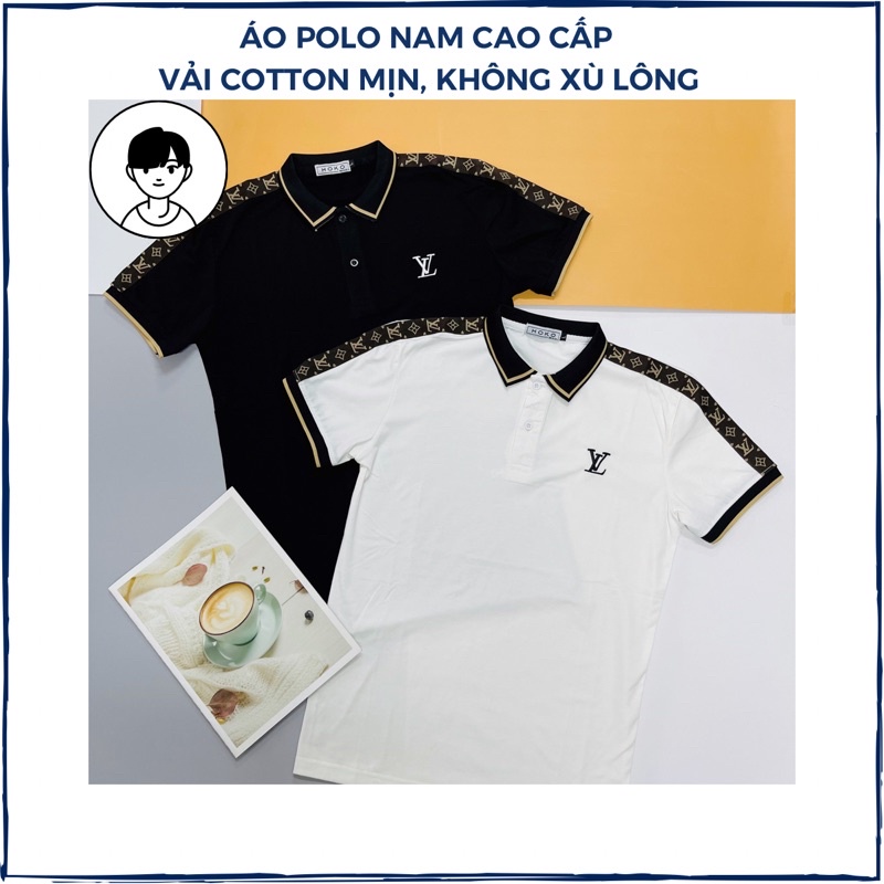 Áo Polo nam cổ bẻ, áo thun nam hoạ tiết LV đen trắng form ôm dáng chất vải thun lạnh cotton mát mẻ