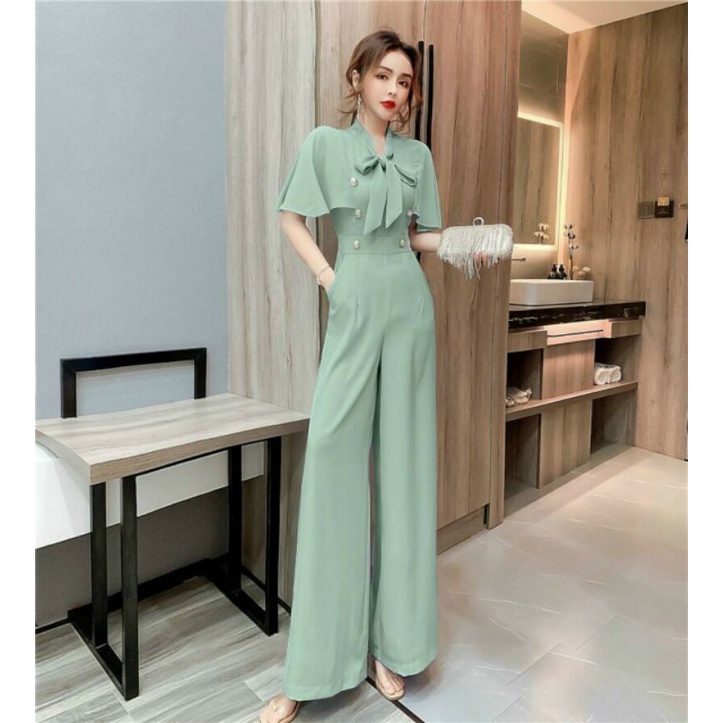 Hàng nhập - Jumpsuit dài ống rộng tay cánh tiên, bộ jum đồ bay lụa phối voan
