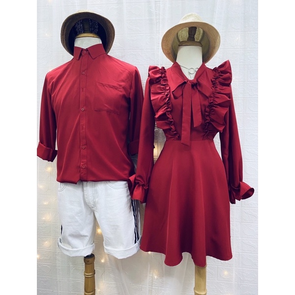 Set đôi nam nữ: Áo váy nữ trang trí ren biên thắt nơ đỏ đô