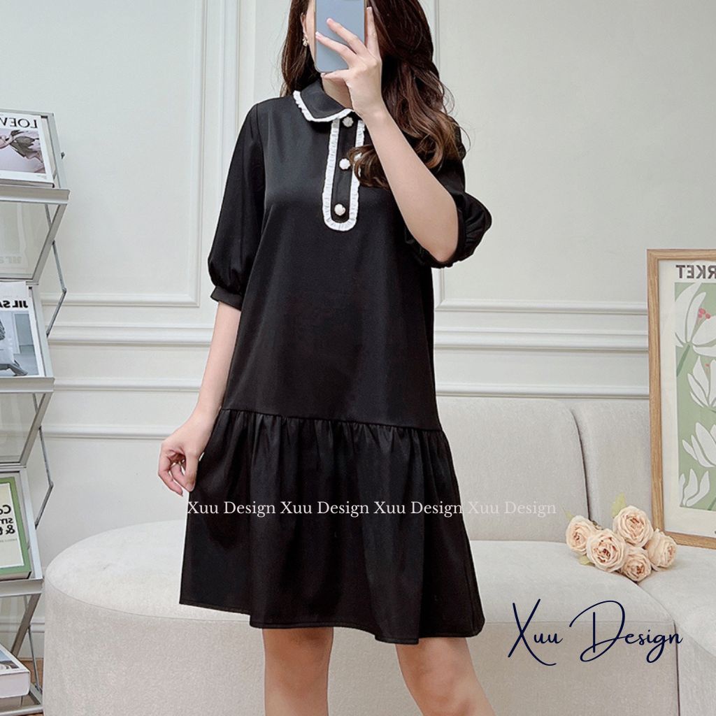 Váy nữ thiết kế XUU dáng babydoll tay lỡ cổ phối viền thanh lịch vải tơ mềm mịn - V13