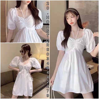 ĐẦM TRẮNG VAI VIỀN BÈO CHUN NGỰC DÂY RÚT - VÁY CỔ YẾM BUỘC NƠ TAY PHỒNG