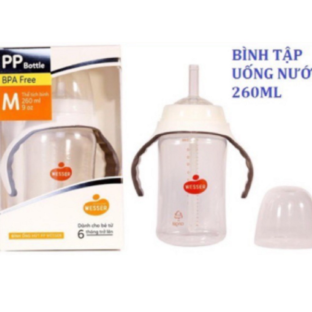 [MẪU MỚI] BÌNH TẬP UỐNG ỐNG HÚT WESSER 260ML NHỰA PP FREE BPA