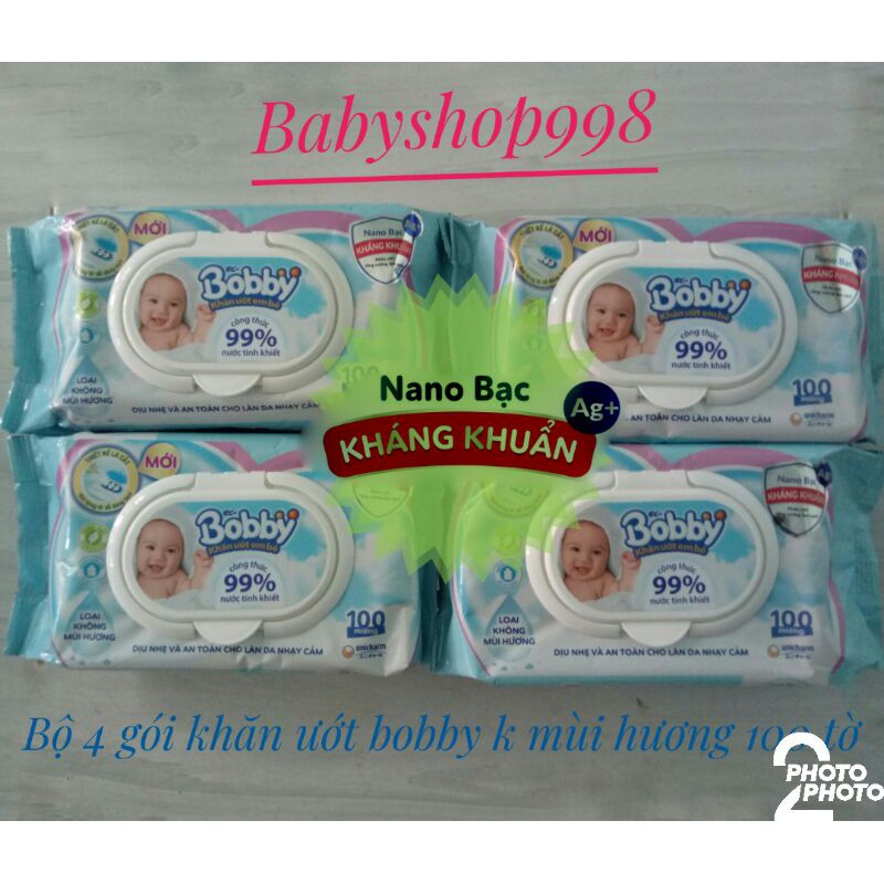 Bộ 4 Gói Khăn Giấy Ướt Bobby Không Mùi Hương 100 Tờ HSd Mới Nhất