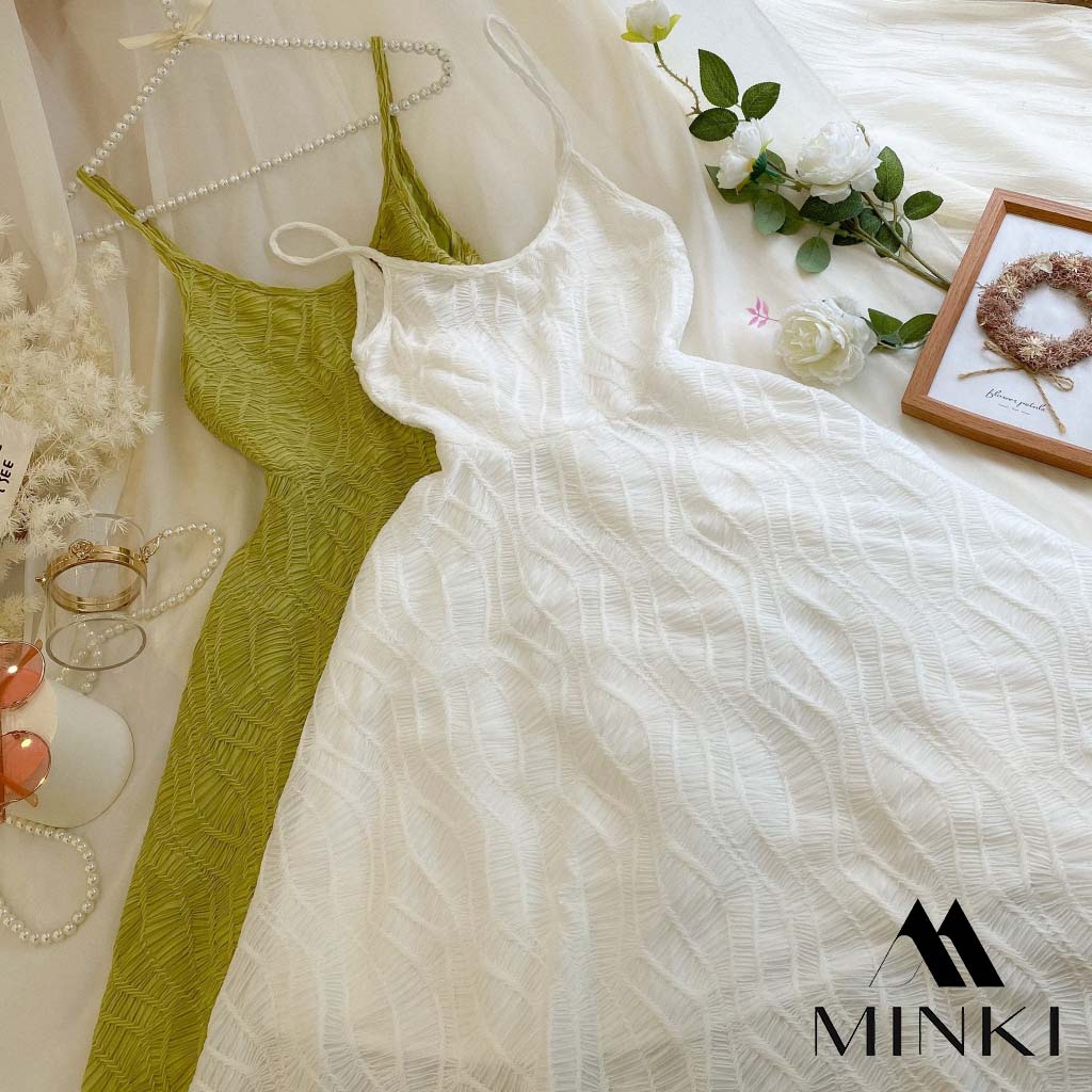 ĐẦM DÂY HỞ LƯNG BÁNH BÈO - CHẤT LIỆU REN GÂN NỔI CAO CẤP - MÀU TRẮNG / XANH BIỂN / XANH LÁ