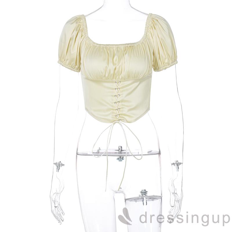 Áo Lửng Tay Phồng Màu Trơn Phong Cách Hàn Quốc Dành Cho Nữ