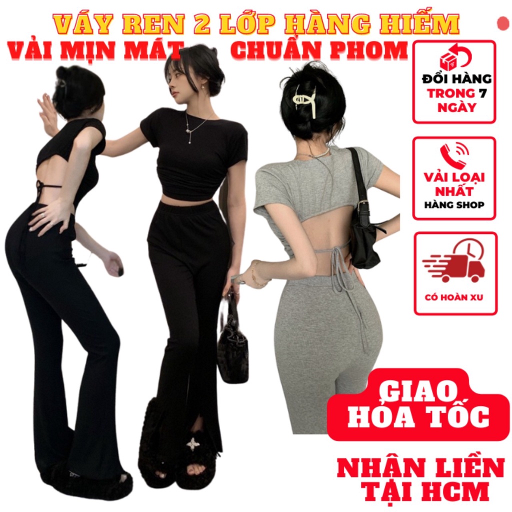 Set đồ nữ sang chảnh bộ áo croptop hở lưng dây rút kèm quần dài xẻ thun gân kiểu hàn quốc sang chảnh mã VD173