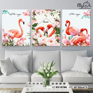Tranh sơn dầu số hóa tự tô màu Myart - Bộ ba bức tranh Hồng hạc Flamingo mã DV1078S