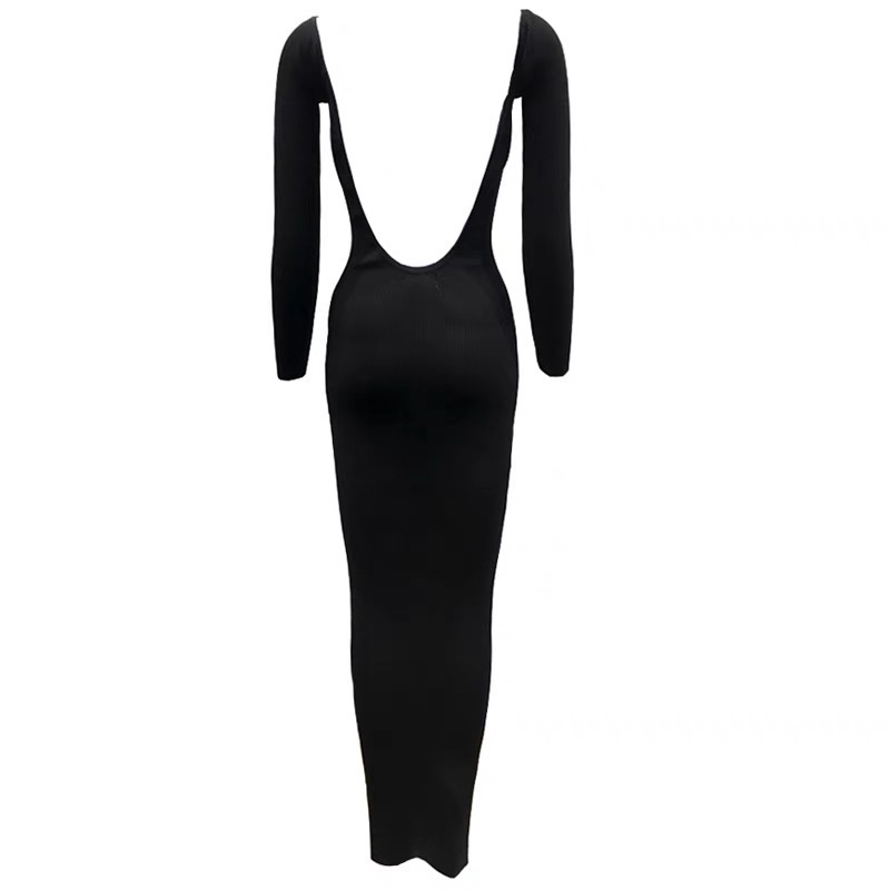 Đầm ôm body cut lưng đen trễ vai tay dài dệt kim màu đen sexy retro ơi