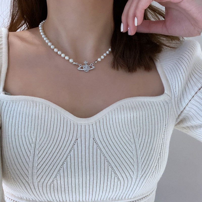 Vòng cổ MANYUE kiểu chuỗi ngọc trai giả mặt hành tinh đính đá phong cách Hàn Quốc thời trang dành cho nữ