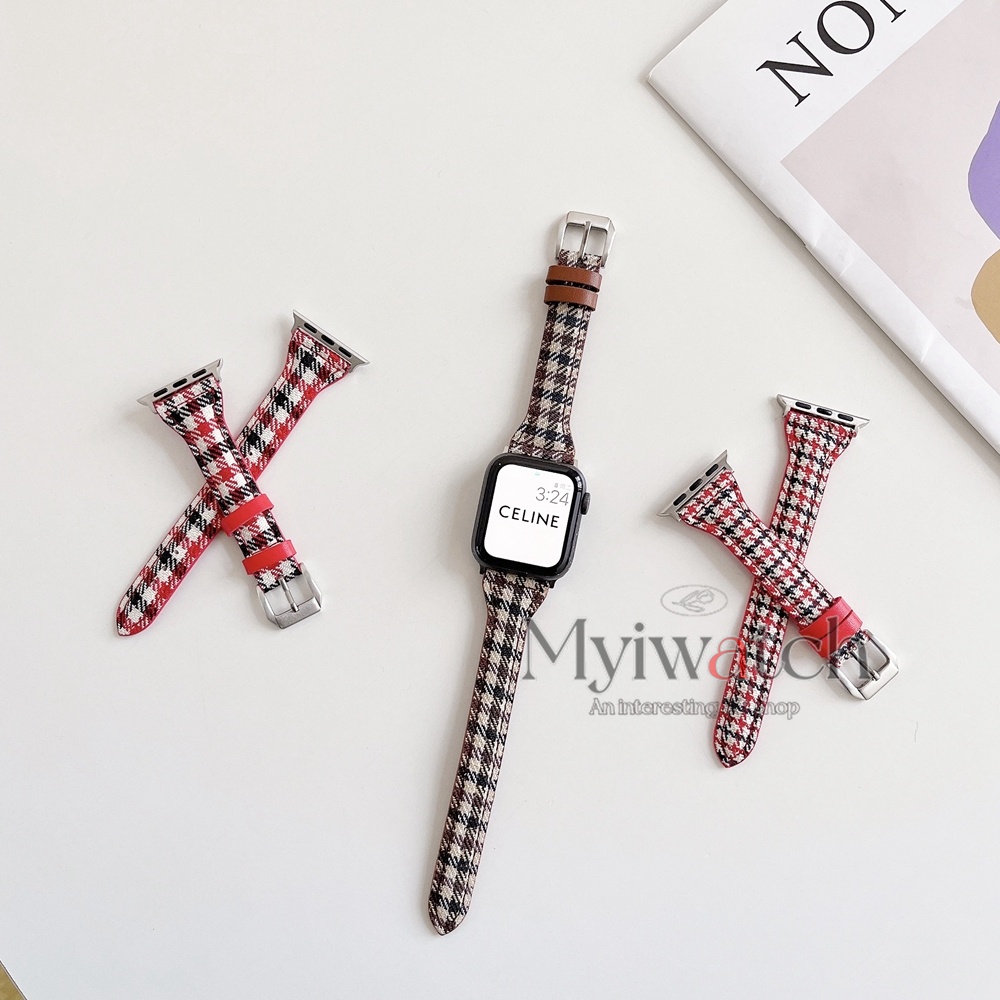 Dây da cho Apple Watch serise7 6 SE 5 4 3 2 iwatch 41 mm 45mm 40mm 42mm 38mm 44mm thiết kế houndstooth dành cho nữ dây da mỏng &amp; mỏng