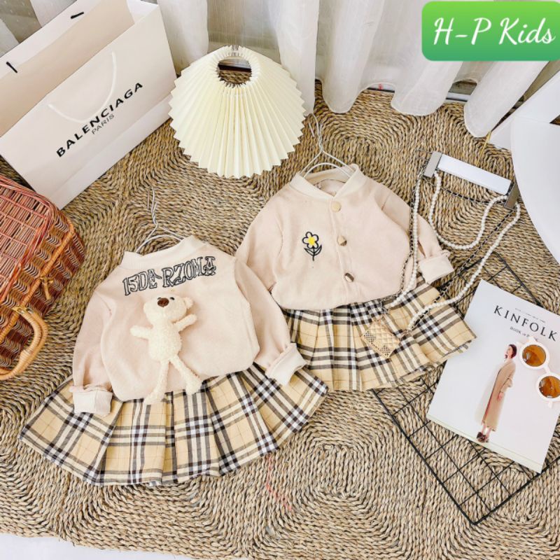 [Xả hàng] Set 2 chi tiết gồm váy kẻ xếp ly kèm áo cài cúc nhung tăm mềm mại, Set váy kẻ áo thu đông cho bé gái