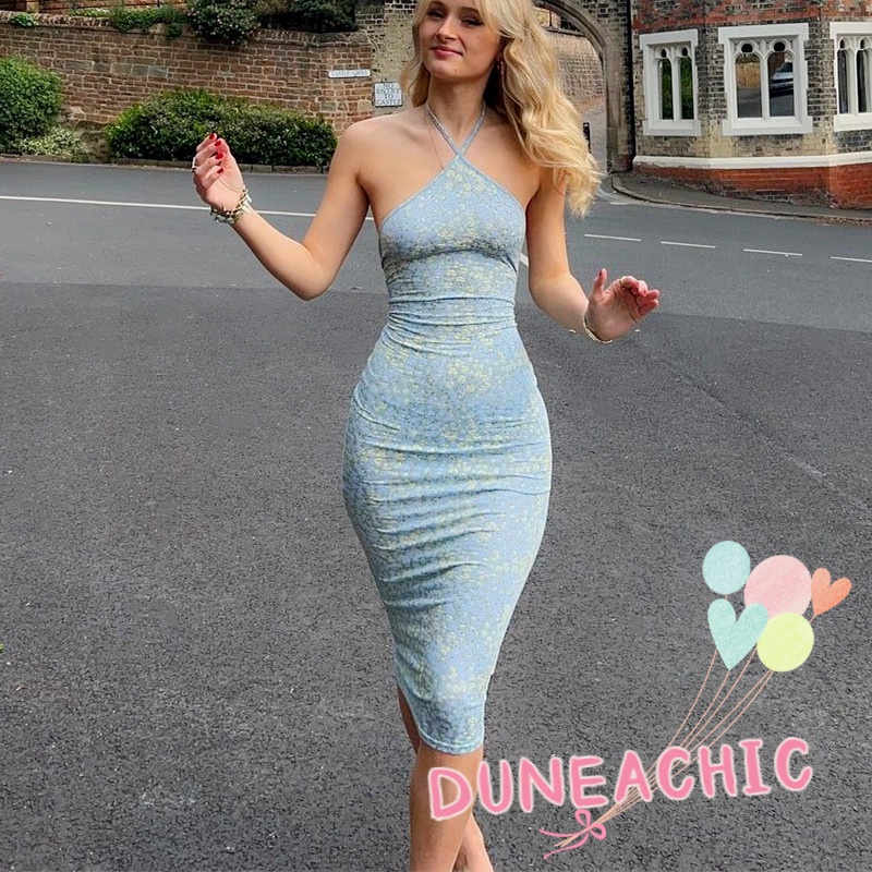 DUNEA Đầm Hai Dây Hở Lưng Họa Tiết Hoa Thời Trang Cho Nữ