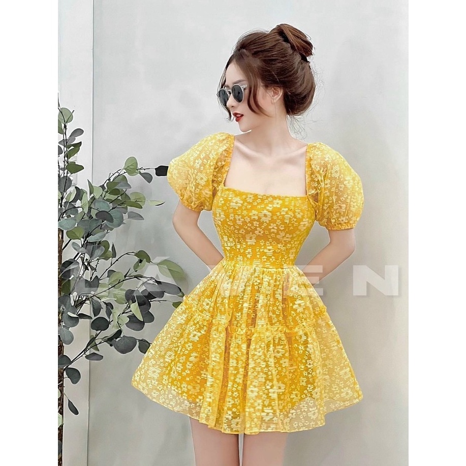 Váy đầm nữ dáng xòe tay phồng cổ vuông cột nơ sau lưng