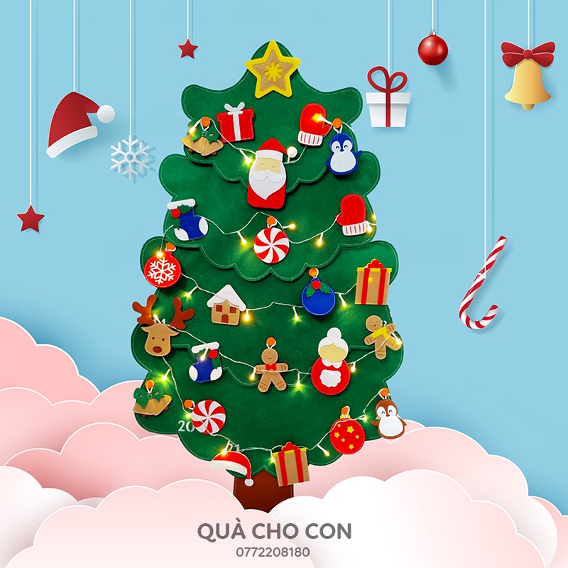 CÂY THÔNG VẢI DẠ TREO TƯỜNG 2 LỚP 30 CHI TIẾT  (tặng kèm dây đèn nhấp nháy)