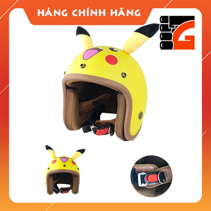 Nón bảo hiểm 3/4 tem Pikachu có tai màu vàng nhám siêu nhí nhảnh