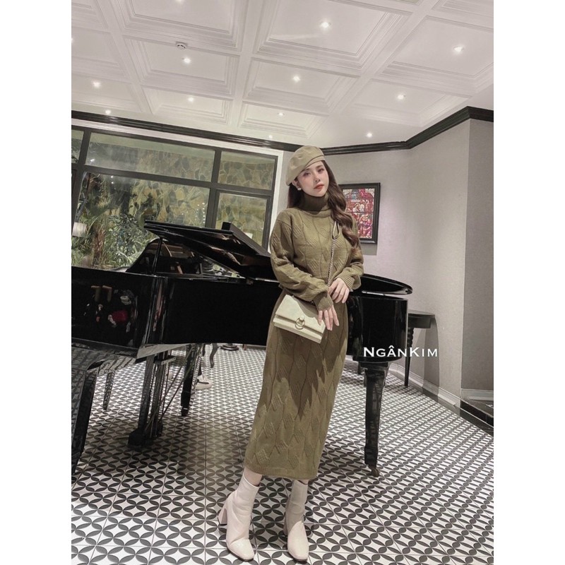 Set váy len thừng maxi cổ lọ