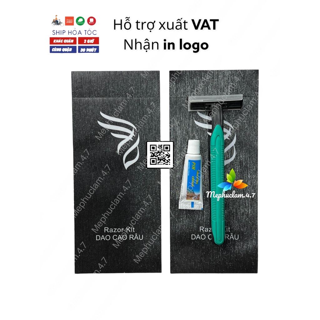 Combo 100 dao cạo râu cán cao su xanh bao bì cánh chim hoàng kim cho khách sạn, resort, homestay,villa logo