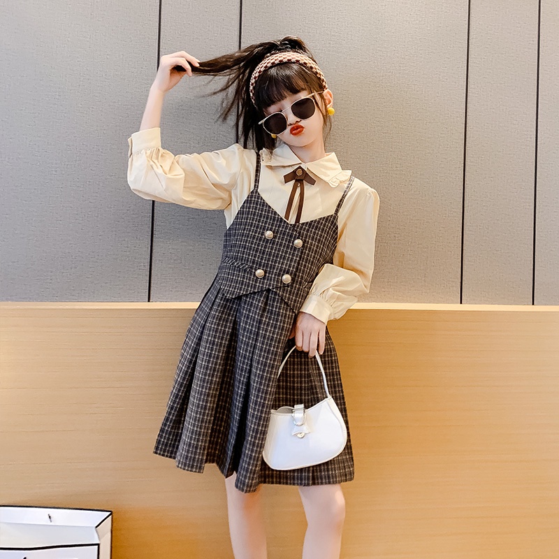 Bộ Áo Sơ Mi Tay Dài Phối Chân Váy Thời Trang Mùa Thu Cho Bé Gái 5-6 Tuổi 7-8 Tuổi 9-10 Tuổi 11-12 Tuổi