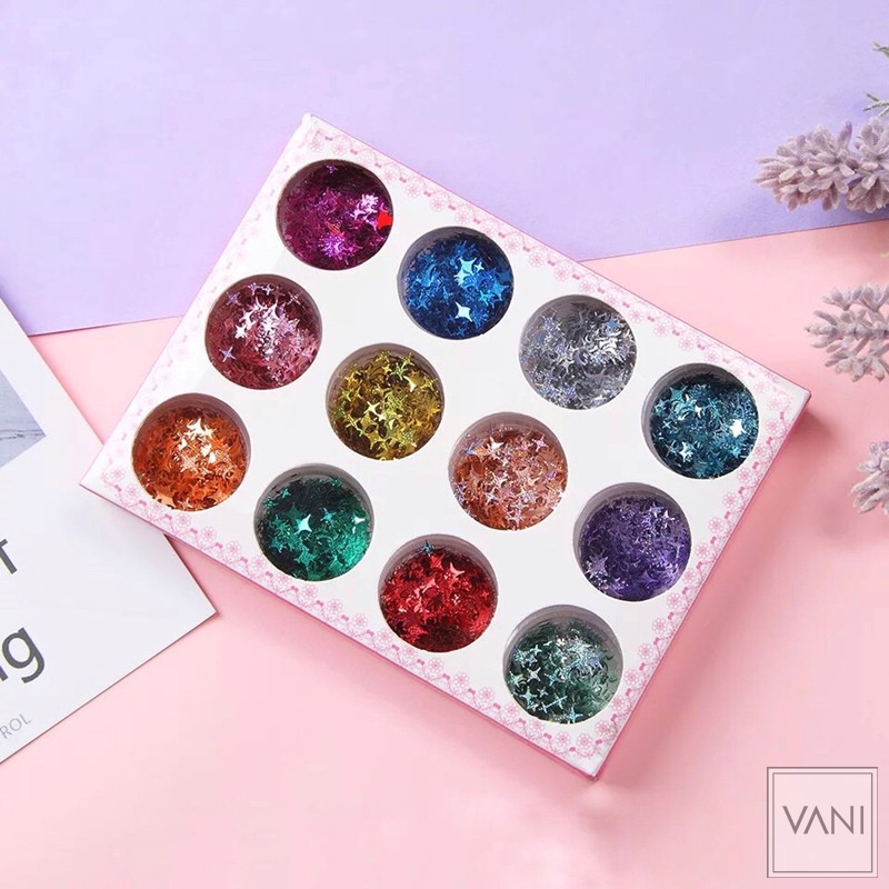 Set 12 Hũ Trộn Sẵn Keo Mix Nhũ Mắt Glitter Kim Tuyến Trang Điểm MakeUp Lấp Lánh Phụ Kiện Nail [KIRA0044]