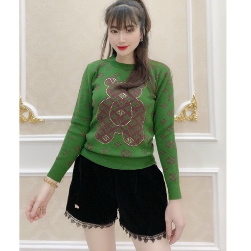 Áo len nữ, áo len gấu nữ cổ tròn họa tiết dễ thương chất len mềm mịn đầy vừa phải len tay bo mặc gọn hàng quảng châu xịn