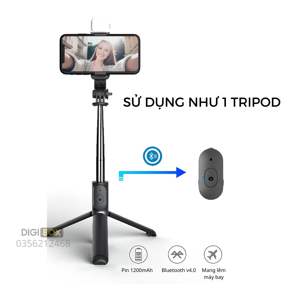 Gậy chụp ảnh tự sướng selfie kèm nút chụp bluetooth kiêm tripod 3 chân Q07 Digibox