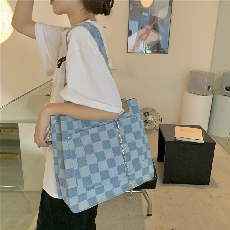 Túi đeo vai chất canvas sức chứa lớn họa tiết kẻ sọc hợp thời trang 2021 cho nữ