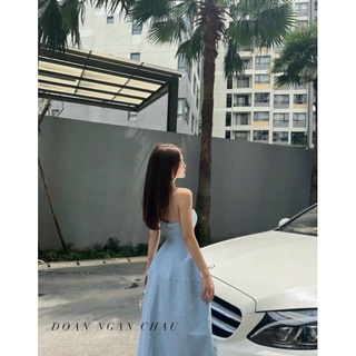 (Sẵn)ĐẦM MIDI 2S XANH CÚP NGỰC XẺ ĐÙI