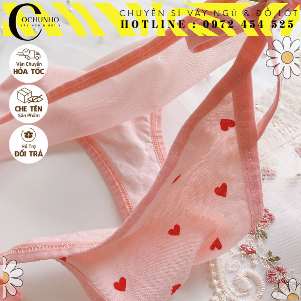 QD021 Quần Lót Cotton Cột Dây Màu Hồng Dễ Thương Sexy -quần chíp cột dây cotton phối lưới