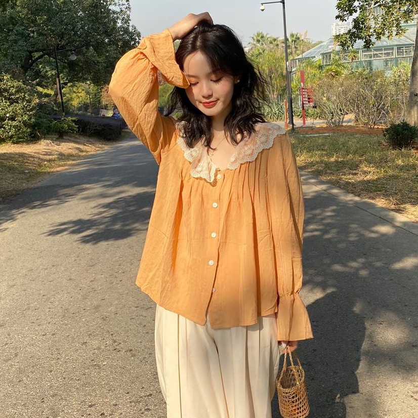 Áo kiểu BH tay dài phối ren hoa thiết kế dáng rộng thoải mái