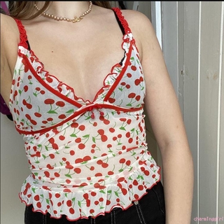 Áo Yếm Nữ Cộc Tay In Hình Quả Cherry Đáng Yêu
