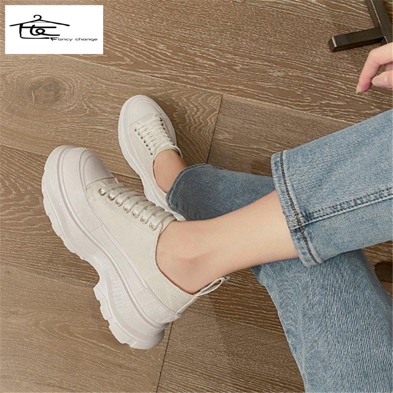 Giày vải bạt đế dày tăng chiều cao màu trắng phong cách hè thu McQueen-2022