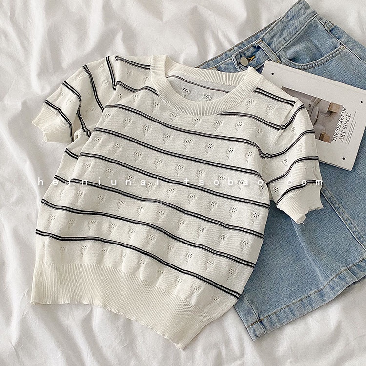 Áo len NZN cổ tròn ngắn tay họa tiết kẻ sọc màu tương phản thời trang mùa hè cho nữ