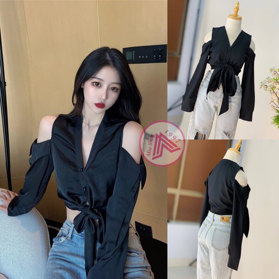 Áo Sơ Mi Khoét Hở Vai Thắt Dây Eo Chất Lụa Mịn Mát Thích Hợp Mặc Đi Tiệc Đi Chơi Đi Dạo